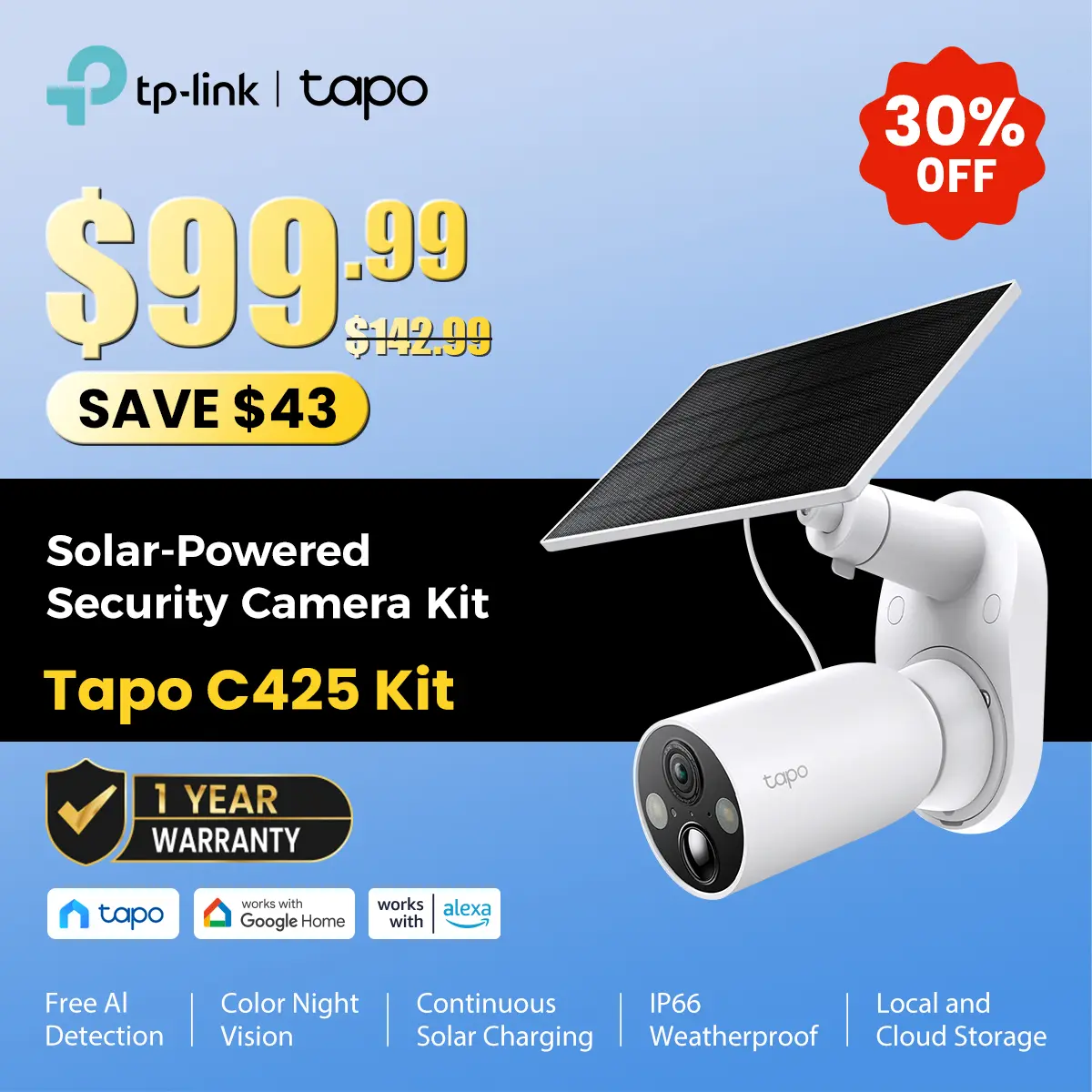 TP-Link & Tapo C425 Kit - 2K QHD Solar-Powered Outdoor Security Camera Kit with 150° Super-Wide FOV, Free AI Person/Motion/Vehicle/Pet Detection, SD/Cloud Storage, Starlight Color Night Vision