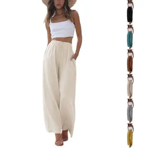 Women’s cotton–linen summer wide-leg beach pants with floral pattern and pockets GARMENTARY
