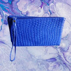 Women's C Crocodile Embossed Blue Solid Color Clutch Wallet with Simple Crocodile Pattern Hand Wash Only Portable Design