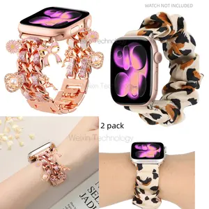 The elastic wristband is designed for the hair loop of Apple Watch straps, with sizes ranging from 38mm to 49mm, specifically designed for women. It is made of printed fabric and is suitable for iWatch Ultra 3, Series 11, 10, 9, 8, 7, 6, 5, 4, 3, 2, 1 and