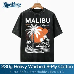 BlueMere230G Heavyweight Washed  Pure Cotton Women's Cotton Short-Sleeve Graphic Tee, Malibu California Sunset Palm Tree Print, Soft Breathable Casual Top for Beach Vacation Summer Wear
