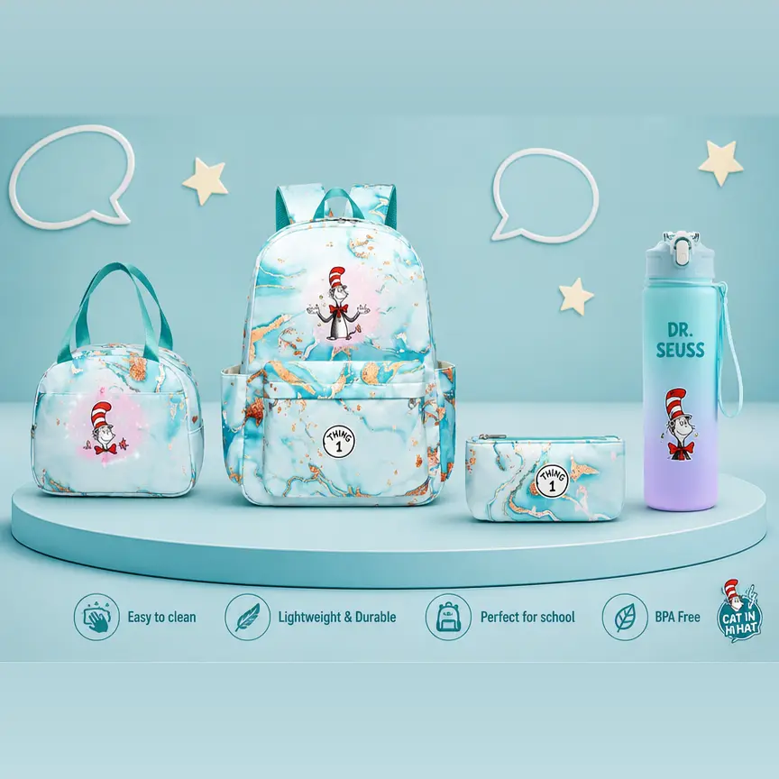 4-Piece Dr. Seuss The Cat in the Hat Kids Backpack Set with Lunch Bag, Pencil Case & Water Bottle, Blue Marble School Set