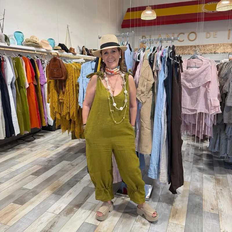Janet jumper one size fits extra small to medium large linen 100 percent jumpsuit adjustable straps and ankle tie relaxed fit with pockets lightweight summer piece