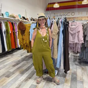 Janet jumper one size fits extra small to medium large linen 100 percent jumpsuit adjustable straps and ankle tie relaxed fit with pockets lightweight summer piece