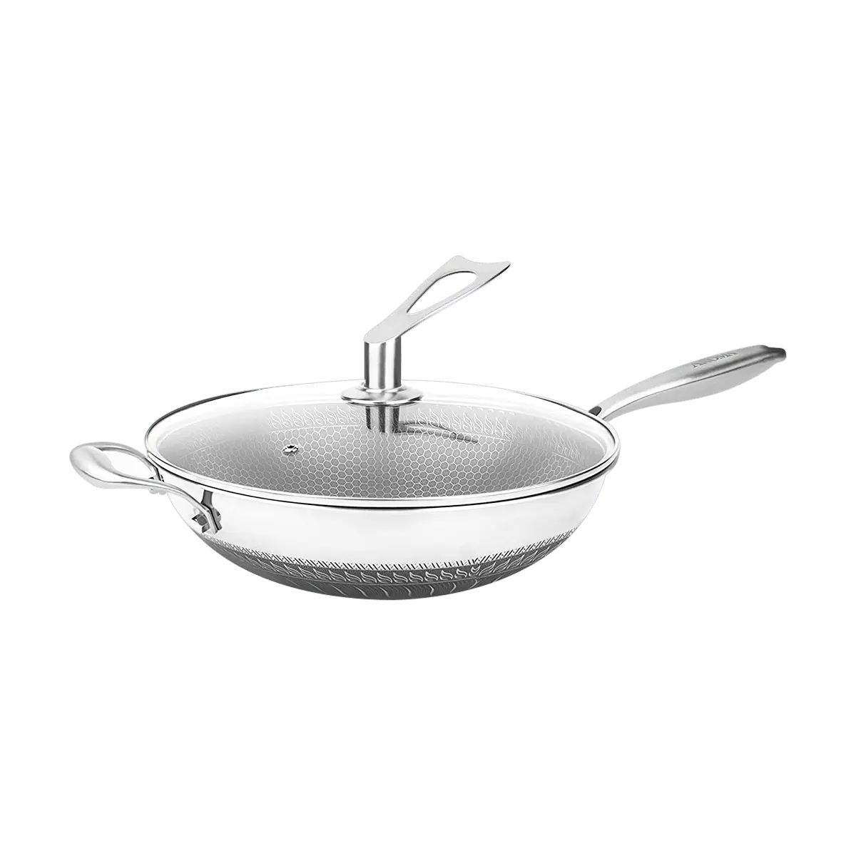 AROMA 32cm Stainless Steel Wok with Lid - Honeycomb Non-Stick, Induction & Gas Stove Compatible