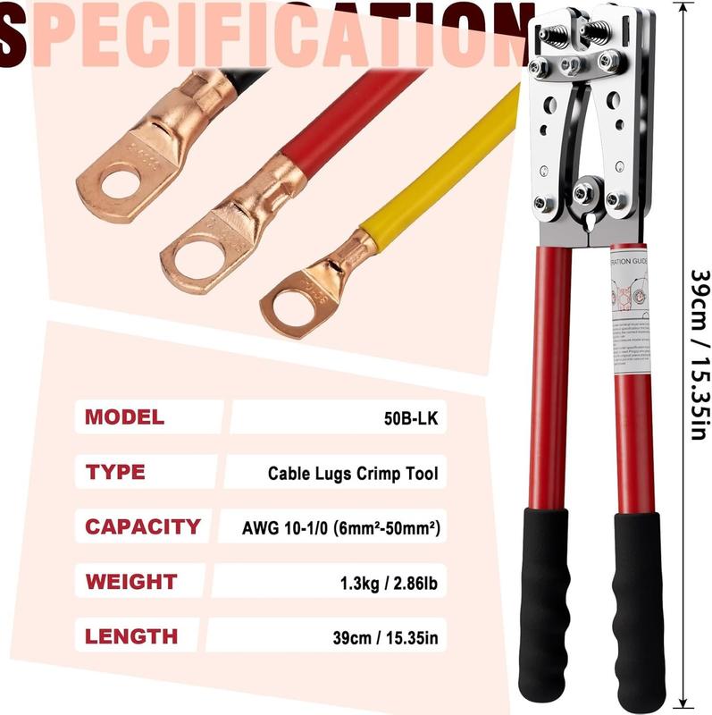 Lug Crimping Tool, Terminal Crimper with   for AWG10 8 6 4 2 1/0 Heavy Duty Wire Lugs, Electrical Lug, Copper Lugs,  Terminal