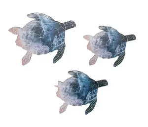 WorldBazzar Hand Carved Set of 3 Ocean Art Turtle Table Top or Wall Carving Sculpture Ocean Sea Nautical 3D Coastal Island Tropical Decor