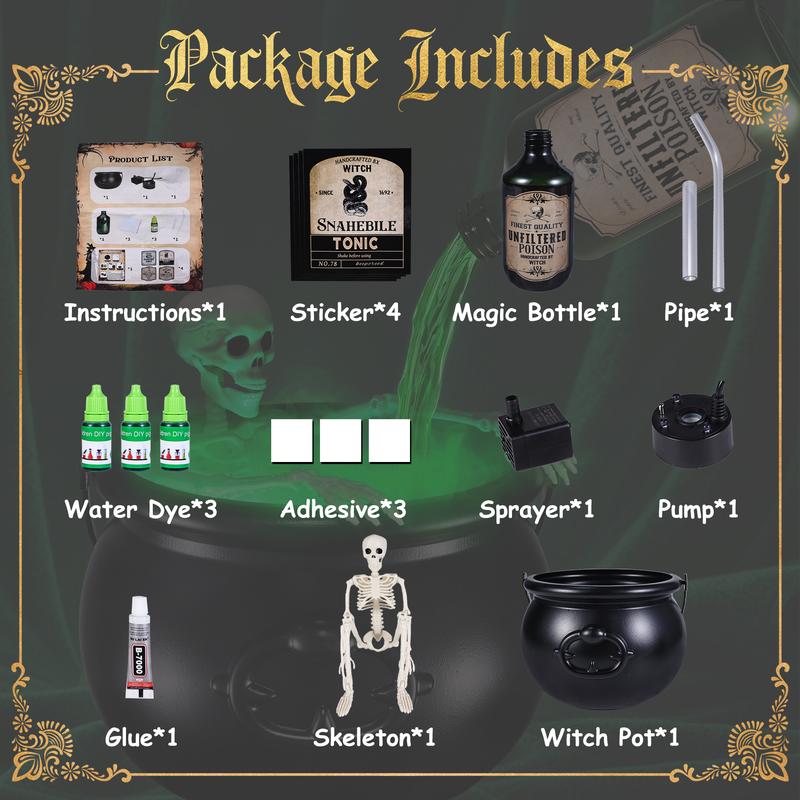 Halloween indoor decoration, magical cauldron floating potion bottle set with diffuser, black plastic witch bowl, fantasy-style party decoration, spooky vintage-style home kitchen dining table ornament, funny light