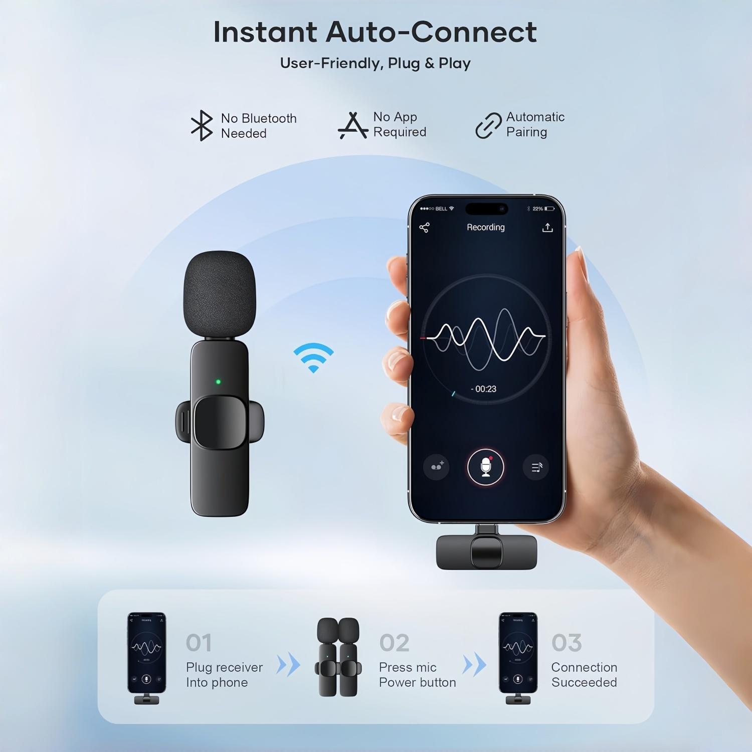 Compact 2-Pack Wireless Lavalier Lapel Dual Mics with Noise Reduction, Plug-and-Play USB/USB Type-C Adapter, Lightning Connection, Wireless Receiver, 2 Mic Clips – Live Broadcast/Vlogging Equipment, Podcast Setup for iPhone, Android, Camera Audios