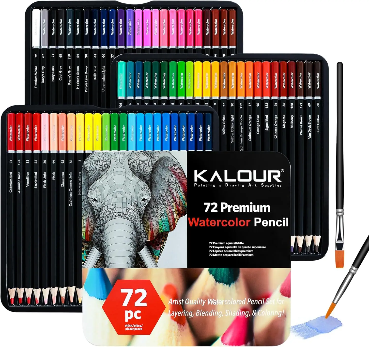 KALOUR 72 Water Soluble Colored Pencils Boxed Kit with 2 Brushes - Drawing Painting Kit, Smooth Blendable Pigments for Wet & Dry Use, Ideal Painting Tools for Adults, Beginners, Boxed Kit Colouring Pencils tiktokshopbacktoschool