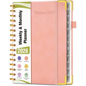 2026 Hardcover Leather Weekly Monthly Planner Jan 2026 - Dec 2026 A5 Spiral Yearly Agenda Organizer with Tabs Daily Calendar for School Work Home Pink (5.75" x 8.38")