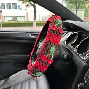 Handmade Crochet Cute Cherry Car Steering Wheel Covers Universal 14-15 inch for Women and Men (Steer Wheel Cover+ 2 Belt Cover+2 Coaster)