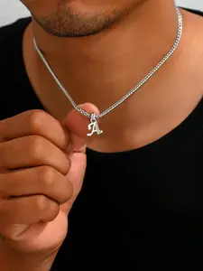 1 Piece Men's Simple Style Plain Color Stainless Steel Chain Necklace with Letter Design Pendant, Casual Trendy Chain Pendant Necklace for Daily Decoration As Gift, Fashion Accessories for Party & Daily Wear Without Box