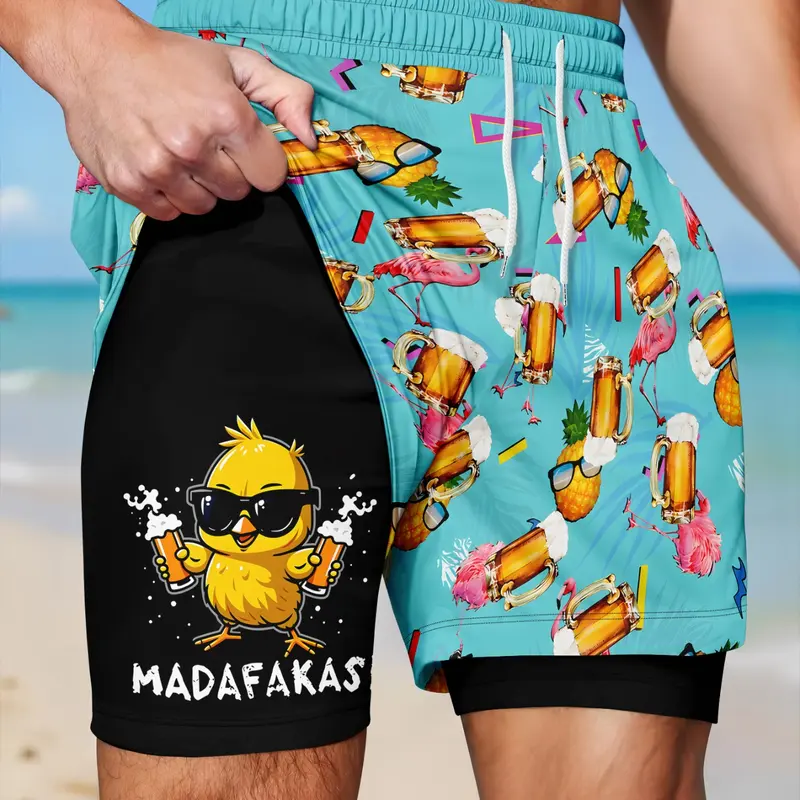 Men's Quick-Dry Beach Shorts, Drawstring Swim Shorts, Swimming Shorts, Fun Chicken Beer Print, Drawstring Waist, Casual Tropical Style, Anti-Chafe Lining, Summer Sports Wear, Beach Trunks, Printed Trunks
