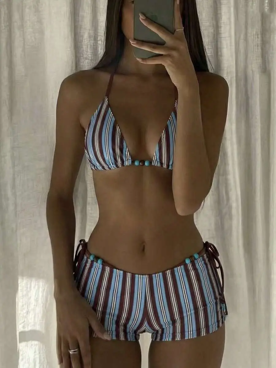 Women's 3 Piece Bikini Set Halter Triangle Bathing Suit with Boyshorts Beaded Side Tie Swim Shorts Swimsuit Summer Beach Vacation Trendy Swimwear Outfits