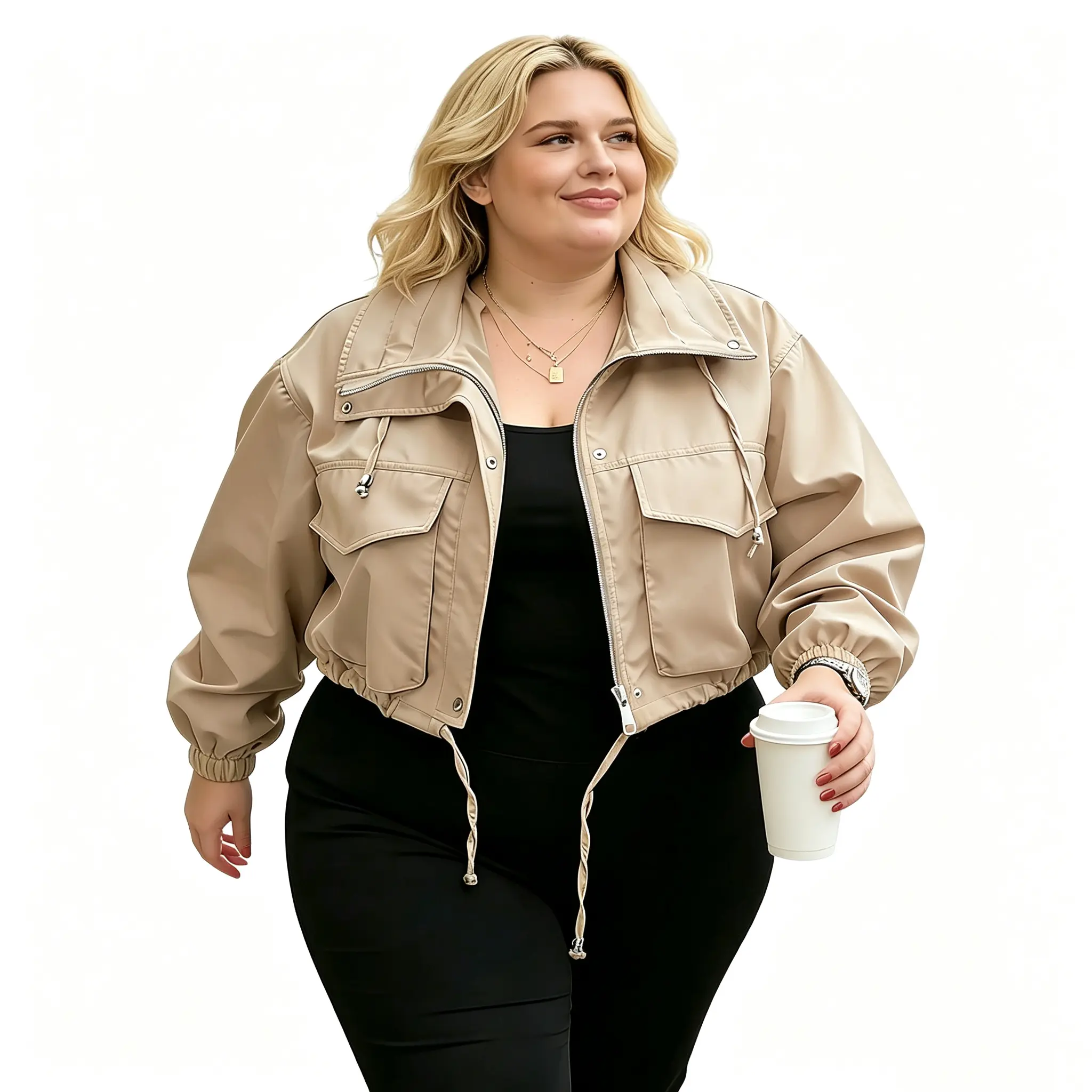 Renaishow Women's Plus Size Fitted Utility Bomber Jacket - Collared, Long Sleeves, Cropped, Drawstring, Zip Closure, Drop Shoulder, Plain Surface, Pockets, Dry Clean, Casual Wear Tops for Women Layering Outerwear (3XL)