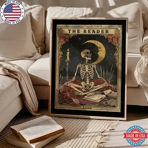 The Reader Tarot Poster, Skeleton Reader Tarot Card Wall Art, Book Lover Gift, Witchy Reading Nook Art, Bookish Witchy Library Decor