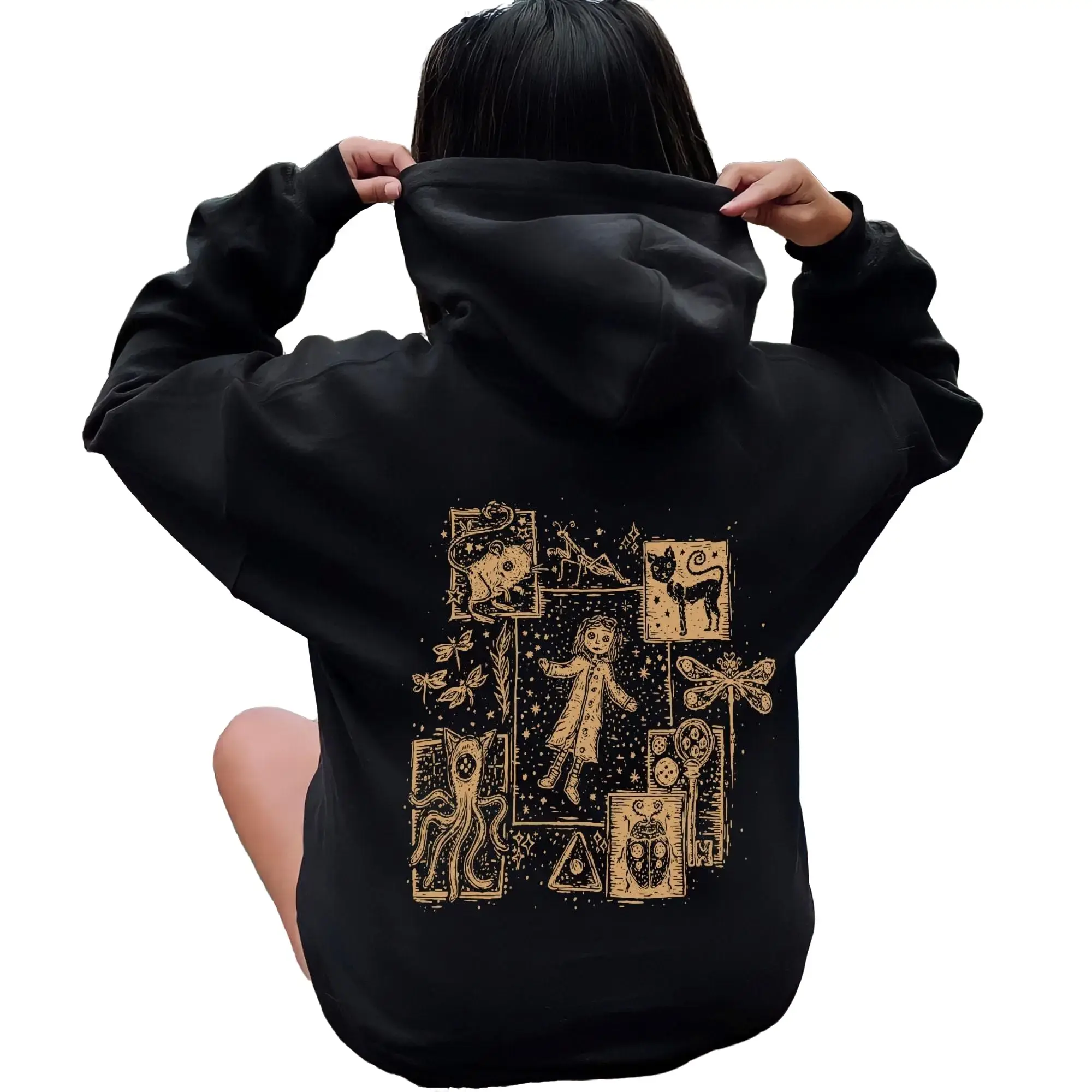 Coraline Hoodie, Coraline Cat Hoodie, Button Eyes Sweatshirt, Dreaming Shirt, Coraline Jones Tee Piece Retro Casual Cotton Collar Fabric