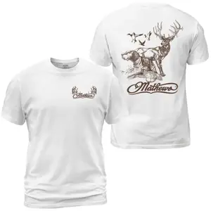 Mathews Archery Classic Cotton Short-Sleeve T-Shirt - Whitetail Deer, Hunting Dog & Ducks Graphic, Patriotic Outdoor Scene, USA-Made Casual Apparel for Men & Women