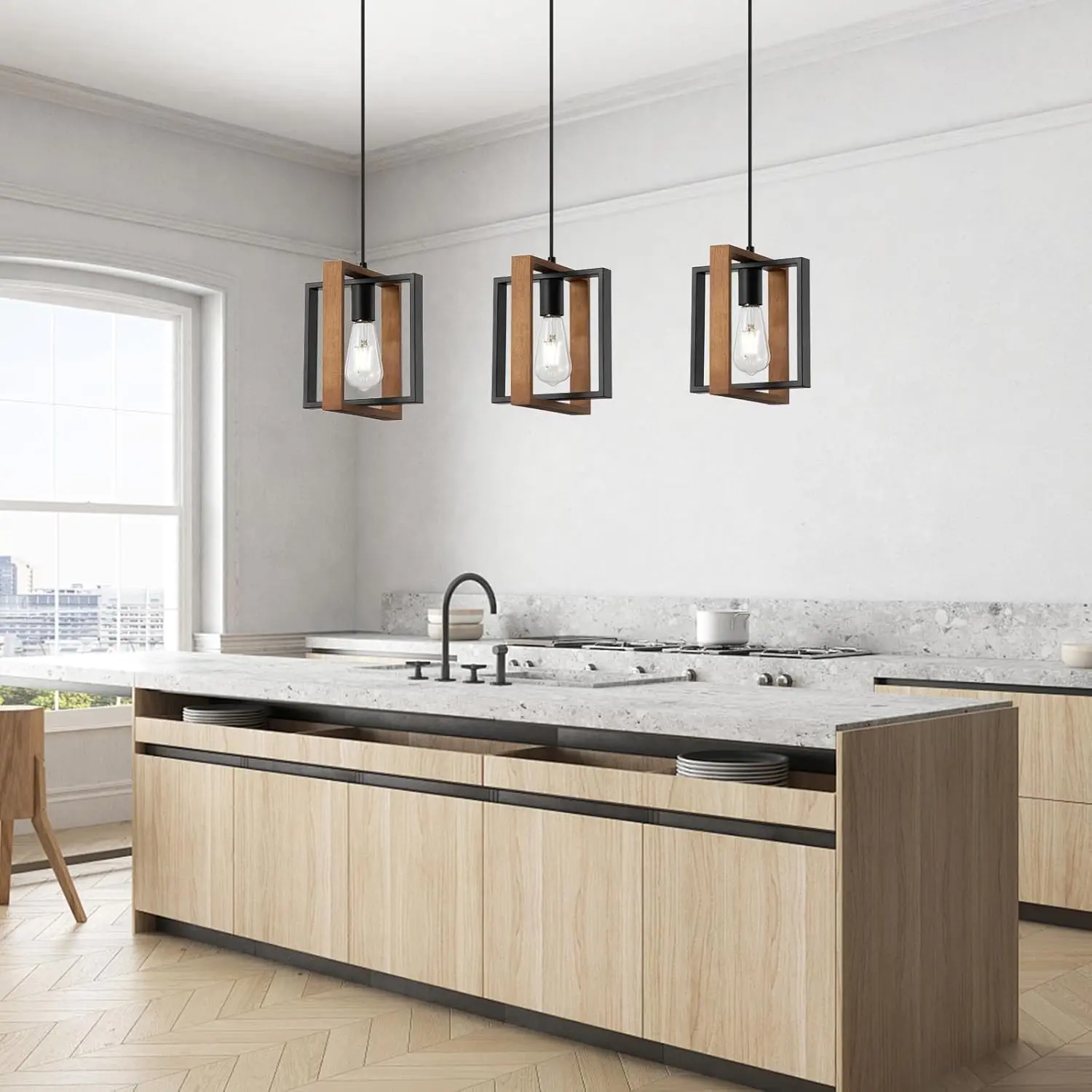 Industrial Style Mini Pendant Light – Classic Cross Design, Adjustable Height, Black Metal and Wood, Suitable for All Rooms