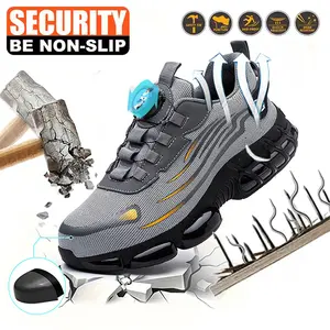 Men's Breathable Mesh Work Sneakers - Durable, Anti-Slip Safety Shoes with Steel Toe Protection, Comfort Fit for All Seasons, Casual Striped Design, Elastic Closure, Non-Slip EVA Sole, worker