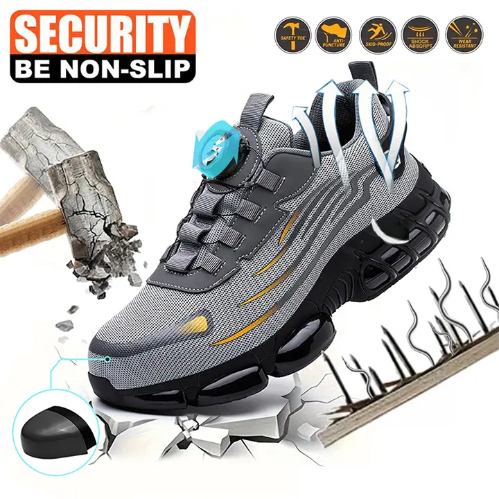 Men's Breathable Mesh Work Sneakers - Steel Toe Safety Footwear, Durable, Anti-Slip EVA Sole, Elastic Closure, Casual Striped Design, All-Season Comfort Fit for Workers, Walking Shoes, Plus Size, Fabric