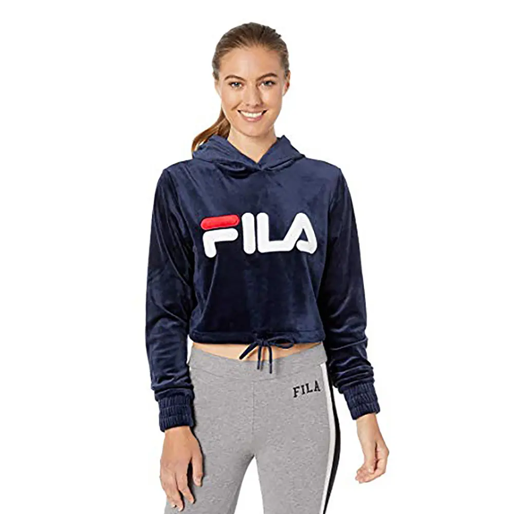 FILA Aitana Women's Velour Crop Pullover Hoodie - Longsleeves Casual Activewear Sweatshirt Top