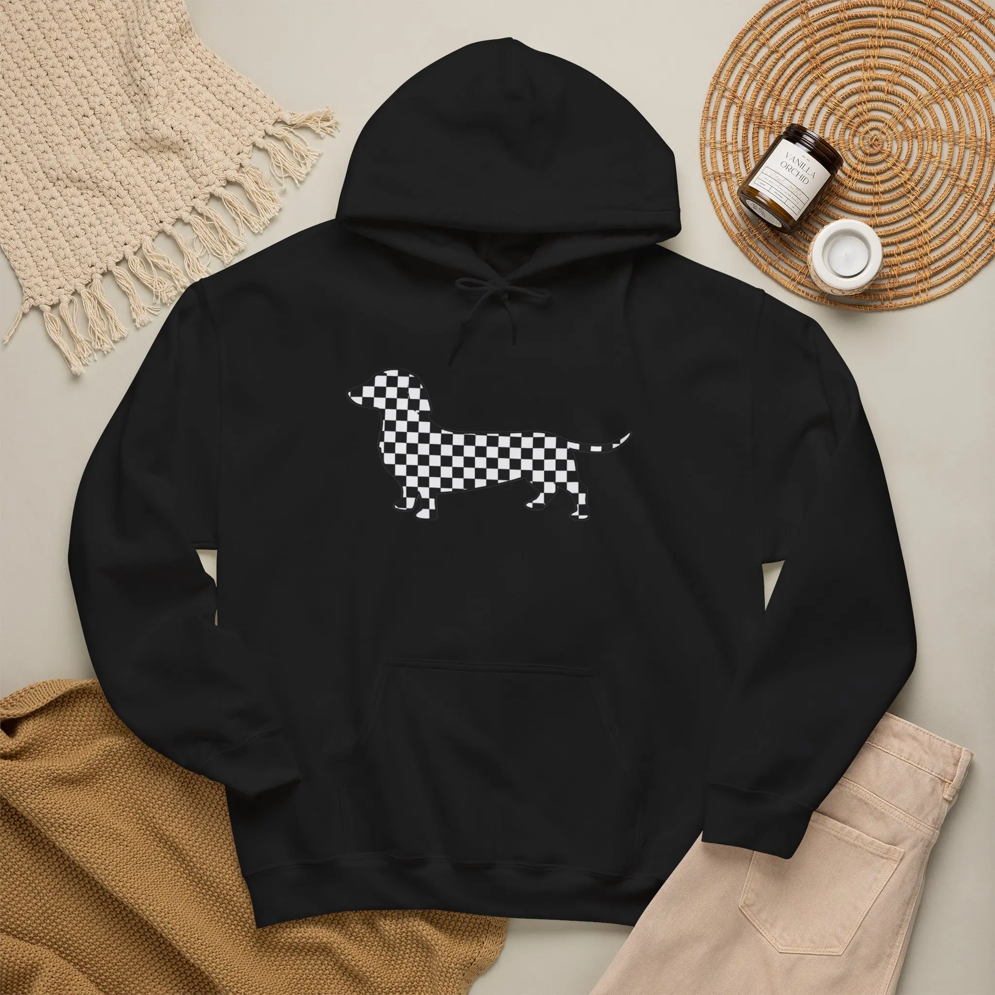 Checkerboard Dachshund Hoodie | Black Dog Silhouette, Graphic Pullover