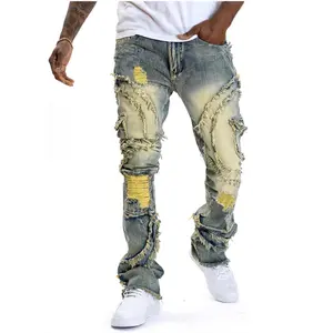 Men's Straight Leg Mid Rise Denim Jeans Distressed Ripped Frayed Fringe Stretch Fabric Vintage Wash Slim Cut For Fashion Forward Men Casual Style Lovers Everyday Wear Date Night Travel Festival Flexible Durable Slimming Fit clothes punk plain loose flared