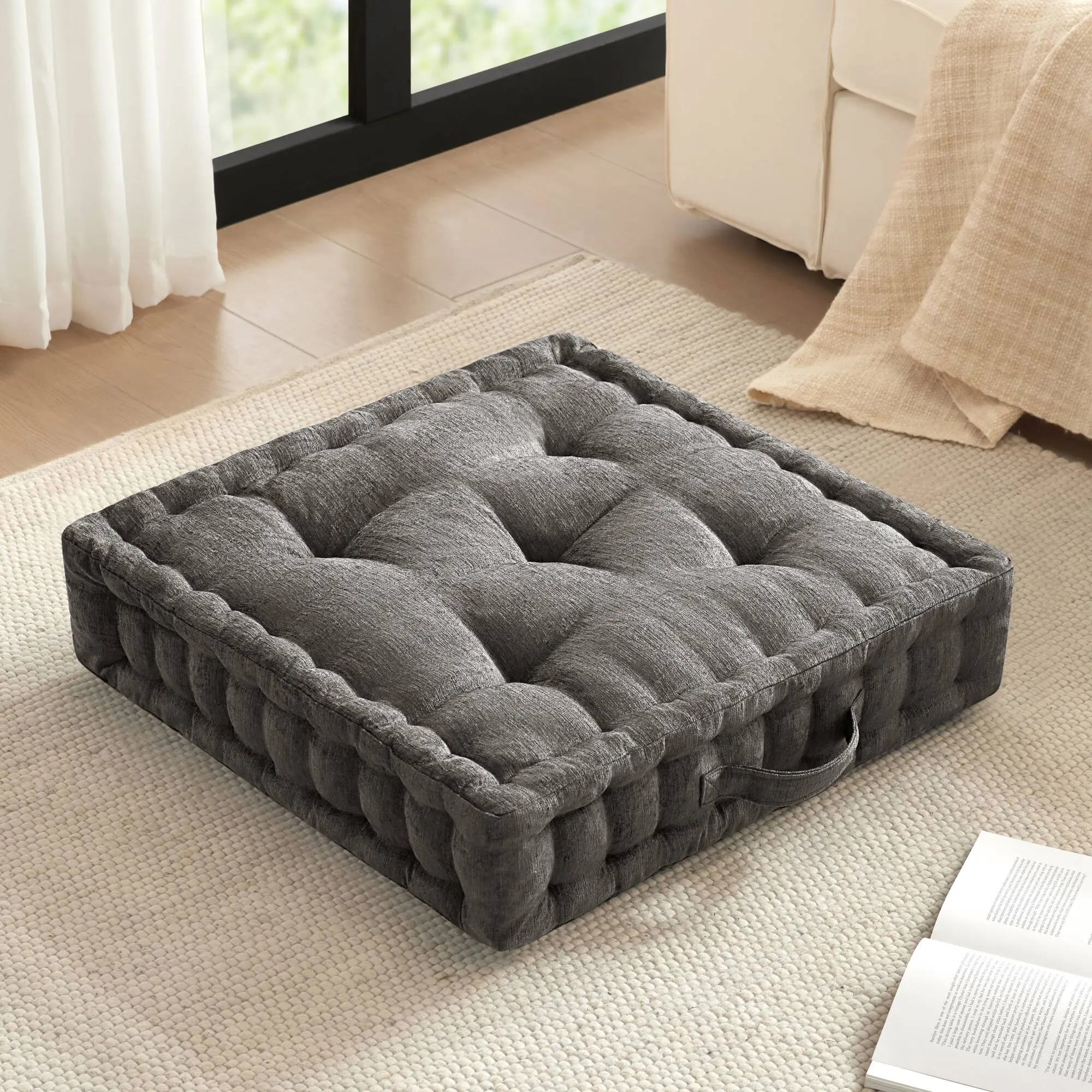 Square Floor Pillow Cushion 24x24 Inch Poly Chenille Soft Plush Seating Pad for Living Room Bedroom Dorm Kids Playroom Reading Nook Meditation Yoga Extra Large Oversized Floor Seating Pouf Ottoman Alternative 1-Piece