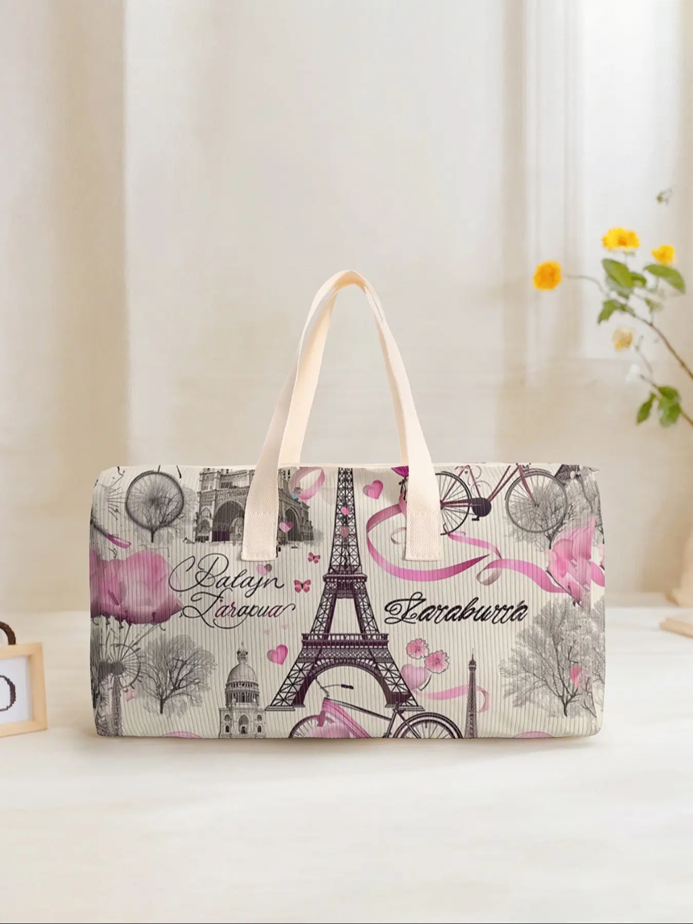 Large Capacity Corduroy Travel Bag, Paris Eiffel Tower Print, Short Trip Storage, Weekender Bag, Travel Duffel Bag, Multifunctional Travel Duffels