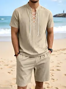 Men's Summer Linen 2-Piece, Lace-Up Henley Shirt + Shorts, Breathable Casual Set for Vacation & Daily Wear, Comfortable and Stylish