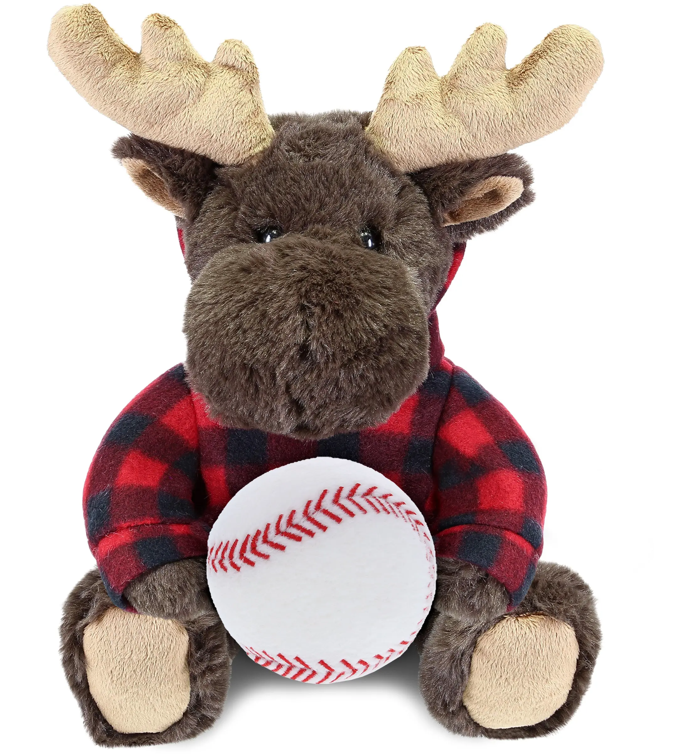 PLUSH BASEBALL - SUPER SOFT PLUSH WITH RED PLAID HOODIE - MOOSE