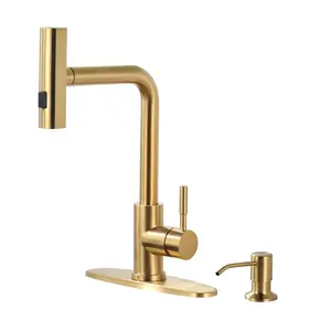 WOWOW Waterfall Kitchen Faucet with Soap Dispenser: Gold Kitchen Faucet with Pull Down Sprayer 3 Modes, Stainless Steel Kitchen Faucets for Sink