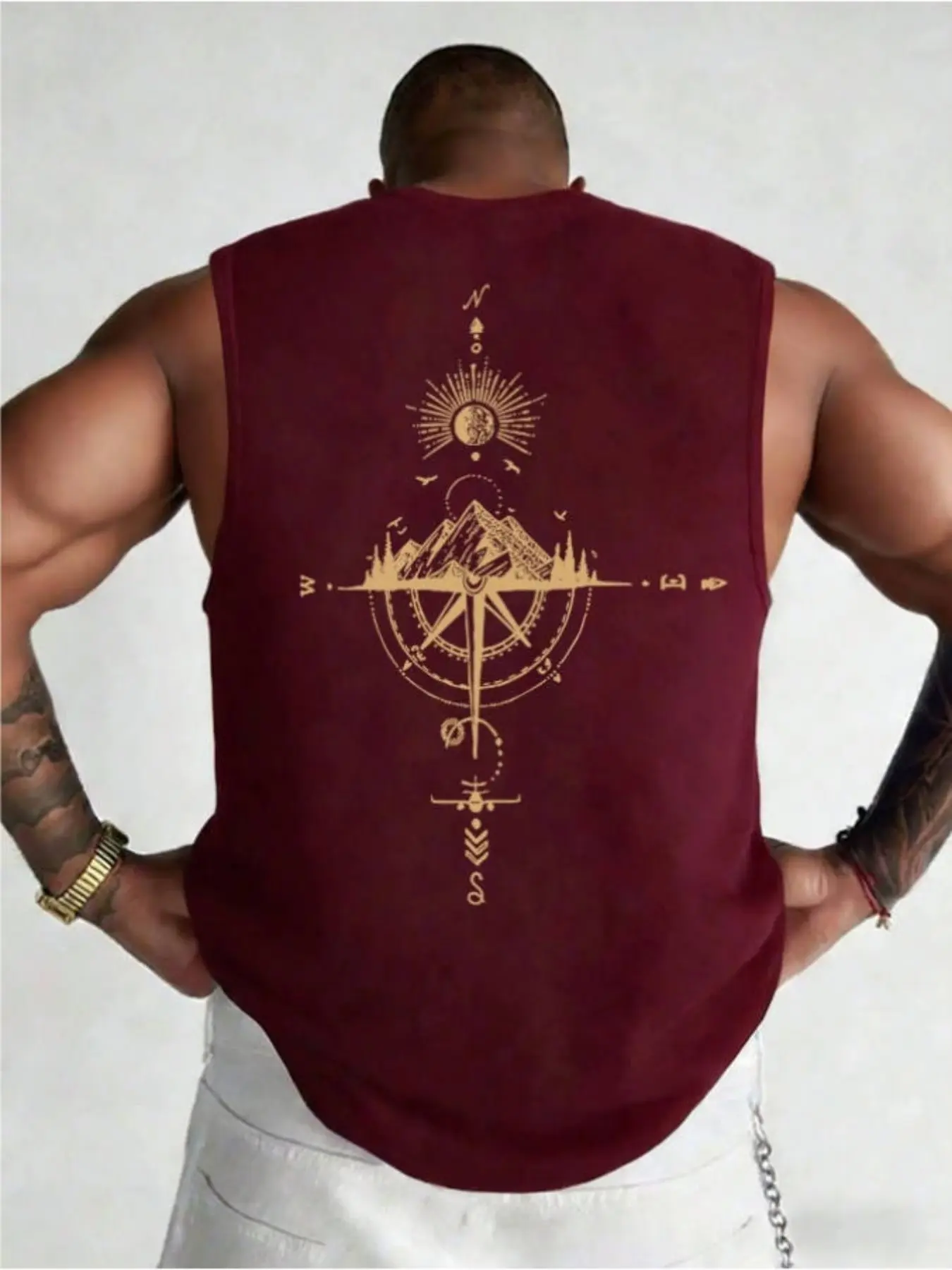Men's Summer Outdoor Sports Casual Vest, Sleeveless Workout Vest, Sleeveless Sporty Design, Sun & Mountain Compass Print, Loose Street Style Sleeveless T-Shirt, Athletic Tank, Sleeveless Gym Tops, Comfortable and Stylish