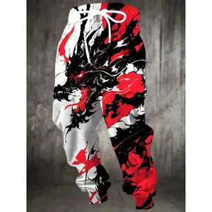 Men’s casual joggers with 3D dragon print, drawstring and pockets, polyester knit fabric, slight stretch, regular fit, all-over print design, comfortable home sleepwear (1 piece).