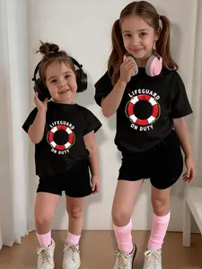 Girls' Casual Short Sleeve Shorts Set, Age 4-12, Round Neck T-Shirt with Lifeguard Print, Summer Adventure Style