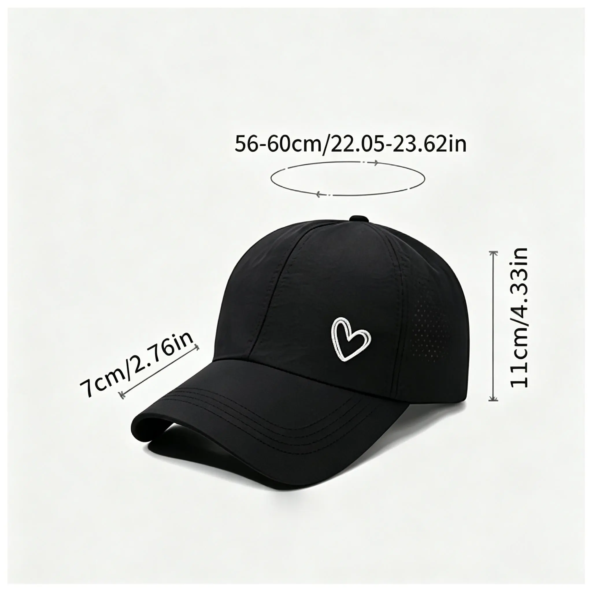 Women’s Heart-Shaped Baseball Cap – High Ponytail Hole Through Back – Adjustable Snapback – Breathable Mesh Panel – Solid Color Golf Hat for Summer Outdoor – White Black Gray Rose Red