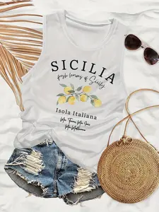 Women's Lemon Print Round Neck Tank Top, Casual Sleeveless Crew Neck Top for Summer, Ladies Clothes for Daily Wear