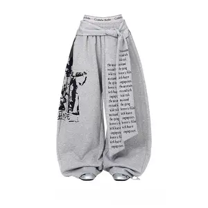 Women's Gothic Style Lightweight Comfortable Fabric Black & Grey Y2K Letter-Print Loose-Fit Wide-Leg Sweatpants - Harajuku 2000s Retro Oversized Streetwear Bottoms, Overall Matching Casual Baggy Sports Trousers for 4th of July Aesthetic Fashion