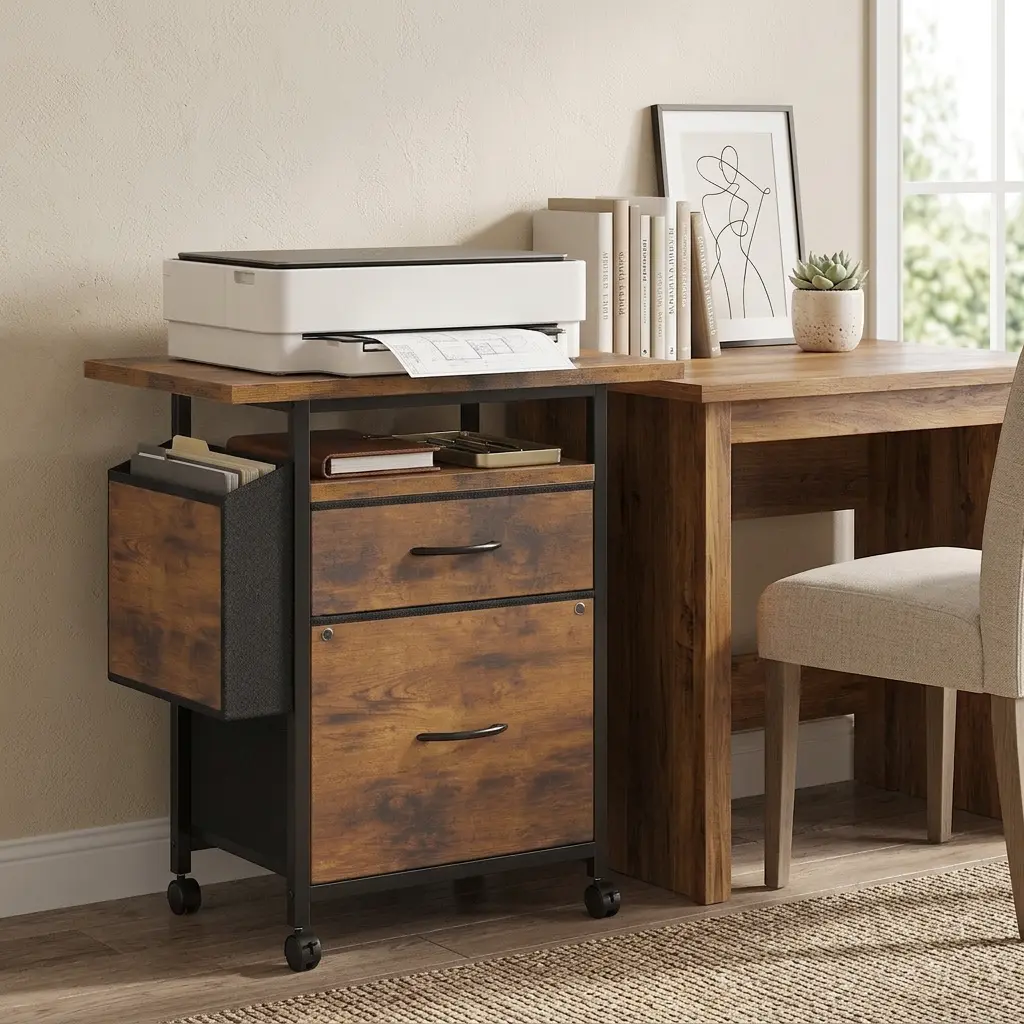2 Drawer Rolling File Cabinet with 24" Wide Desktop, Mobile Printer Stand Table with Fabric Drawers and Side Storage Bag, A4 Letter File Organizer for Home Office, Study Room, Under Desk Storage and Small Workspaces