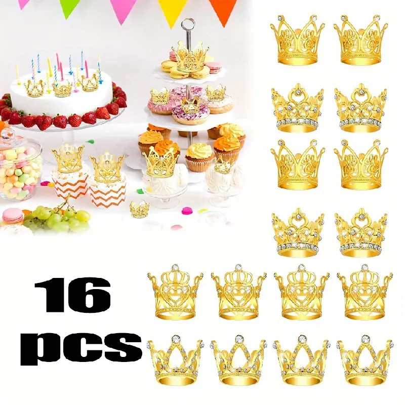 16-Pcs Reusable Alloy Mini Crown Cake Toppers with Rhinestone Ornaments - Sewing & Haberdashery Accessory Complement for Graduation, Baby Shower, Birthday Cake, Cupcake Decorations