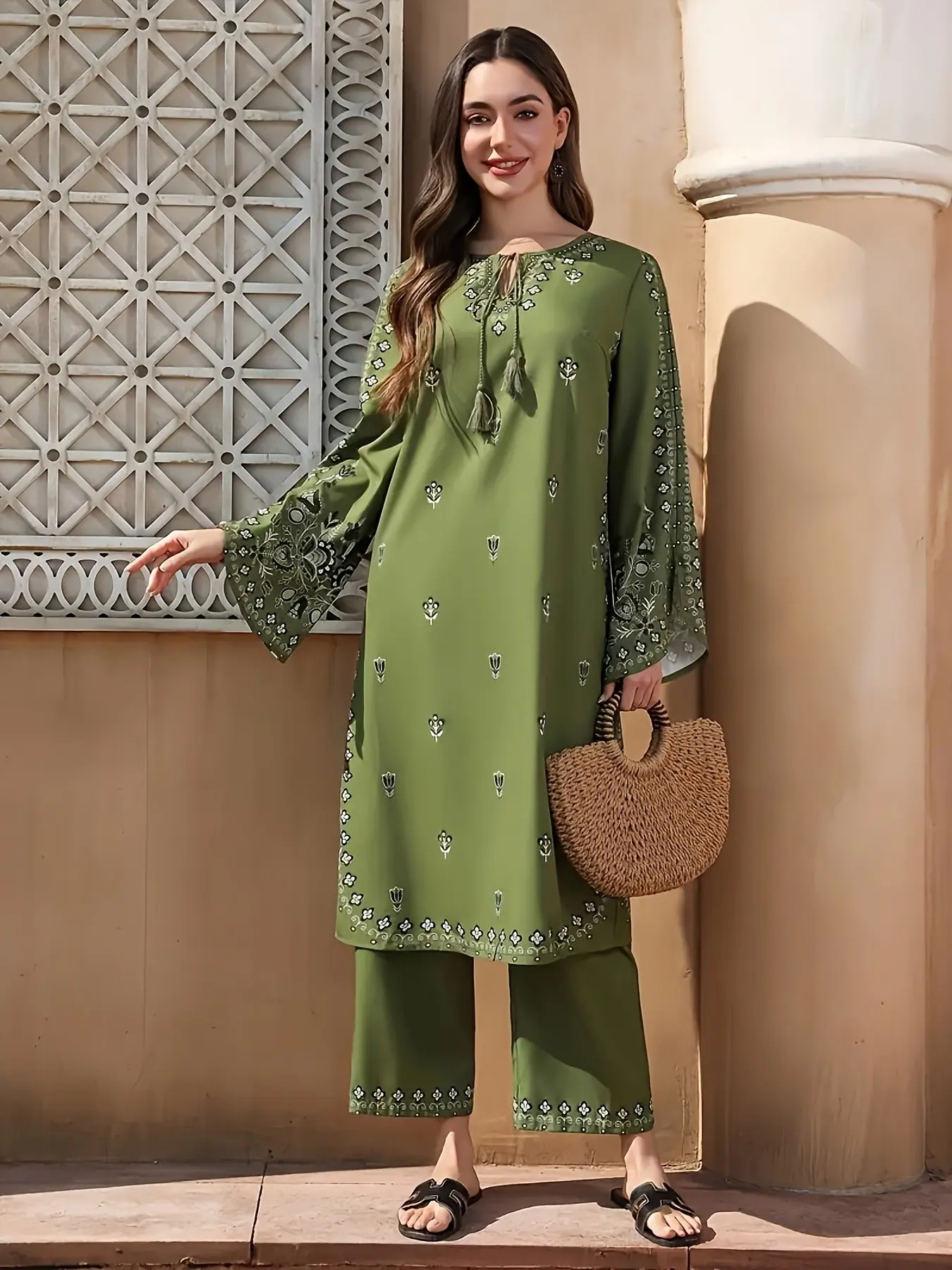 2pcs Ethnic Print Salwar Suit, Bohemian Boho Chic Ramadan Fashion, Muslimah, Flared Cuffs & Hem, Lightweight, Non-See-Through, Ideal for Outdoor Events