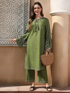 2pcs Ethnic Print Salwar Suit, Bohemian Boho Chic Ramadan Fashion, Flared Cuffs & Hem, Lightweight, Non-See-Through, Ideal for Outdoor Events