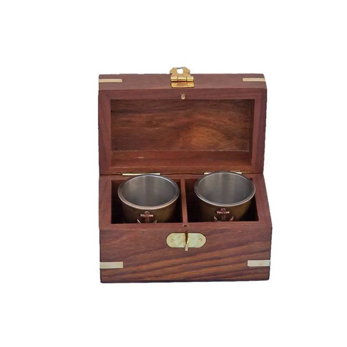 Handcrafted Decor MC-2114-AN Antique Brass Anchor Shot Glasses, 4 in., Set of 2 with Rosewood Box - Kitchen Glassware Drinkware