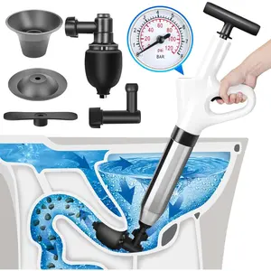 High Pressure Toilet Plunger, Air Drain Blaster Gun with Visual Barometer and Stainless Steel Plungers, Powerful Drain Clog Remover Tool for Sink, Toilet, Floor Drain - Heavy Duty Toilet Plungers
