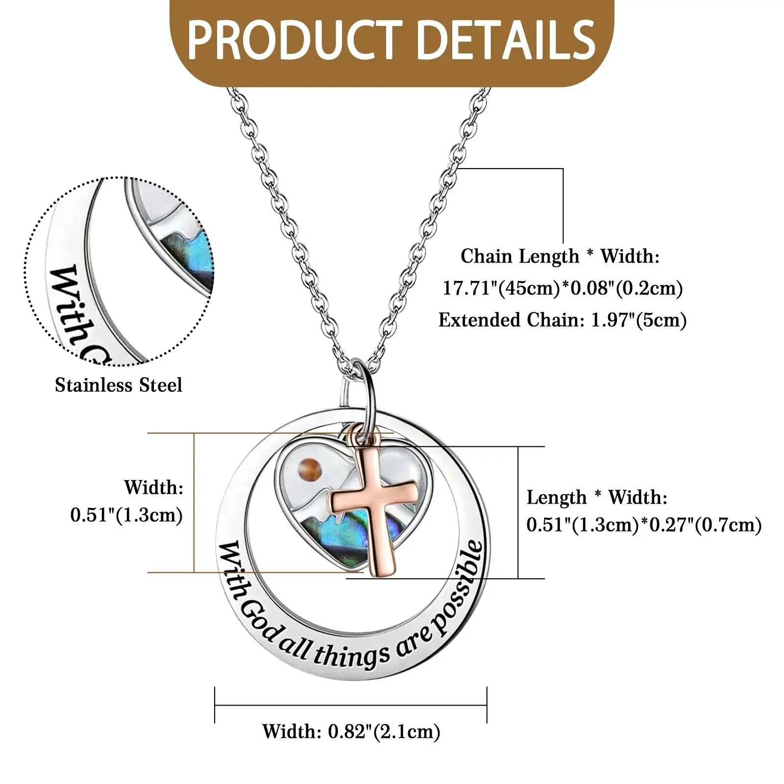 OIDEA Women's Christian Mustard Seed Cross Charm Necklace - Abalone Shell Layered Plain Pendant Engraved "With God All Things Are Possible", Stainless Steel Silver-Tone Coating Casual Jewelry, Includes 5 Cards + 1 Balloon, Birthday Gift for Females, Inclu