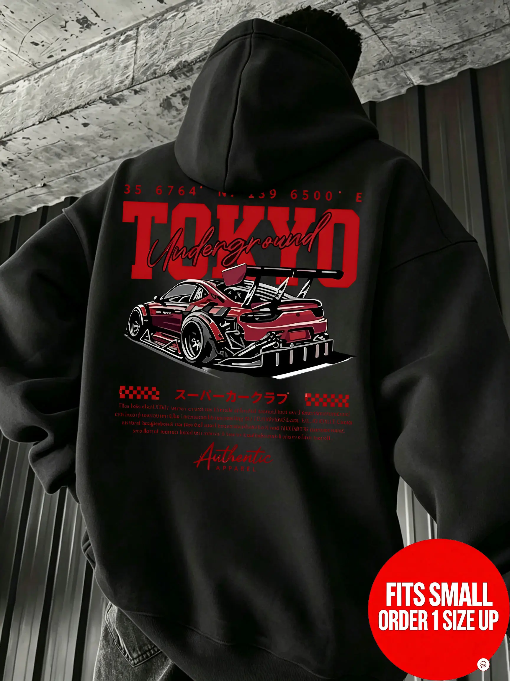 Unisex loose-fit polyester cotton pullover hoodie — Tokyo underground JDM theme, “TOKYO” lettering on the front and a wide print featuring a modified car model on the back, automotive culture themed sweatshirt 【Runs small, order one size up】