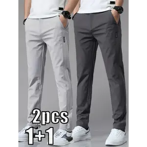 2pcs Men's Lightweight Straight-Leg Pants - Ice Sliky Fiber Fabric, Breathable & Stretch, All-Season Casual Business Trousers for Outdoor, Hiking, Daily Wear Machine Washable, Solid Color with Pockets, Comfy Pants, Outdoor Trouse