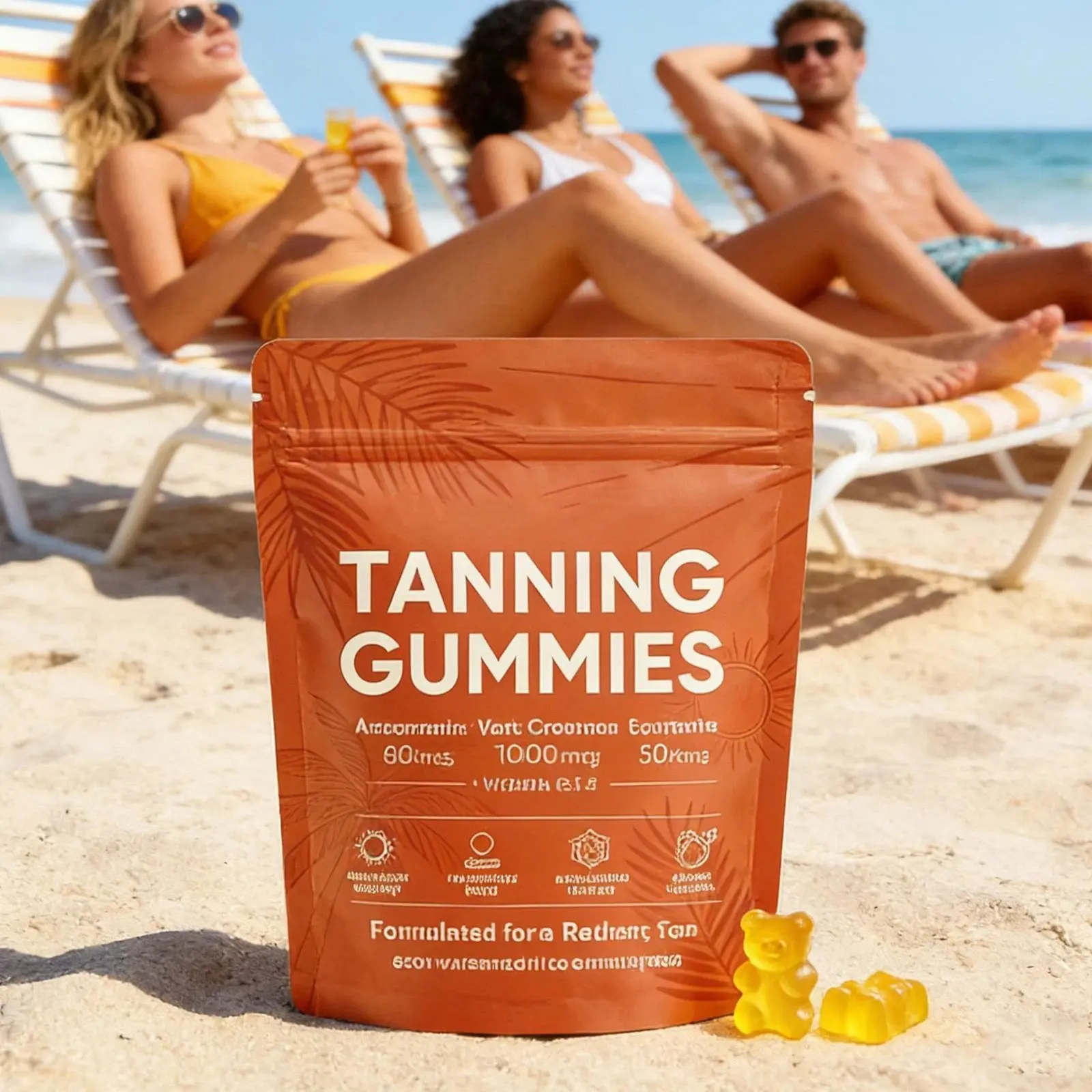 Vegan Sugar-Free Sunless Tanning Gummies for Adults, 1 Pack 60 Sour Watermelon Pcs, Bronzing Supplement with Astaxanthin, Beta Carotene, Lycopene, 30-Day Glow Guarantee for Radiant Golden Glow
